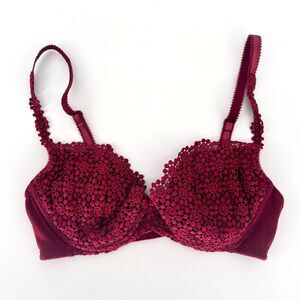 Felina Lingerie Underwire Plunge Adjustable Bra Sz 34C Crochet Eyelet Lace Red